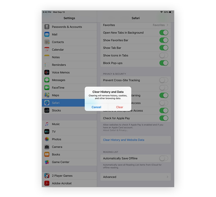 Une invite pour effacer l'historique et les données dans les réglages de l'iPad.