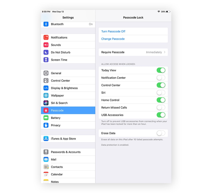 Sécurisation de l'écran de verrouillage de l'iPad en désactivant les fonctions d'accès pendant le verrouillage.