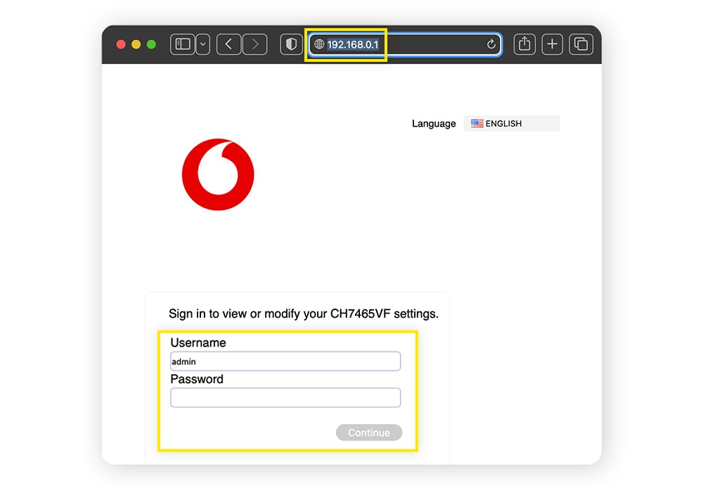 Fenêtre du navigateur web avec écran de connexion au routeur.