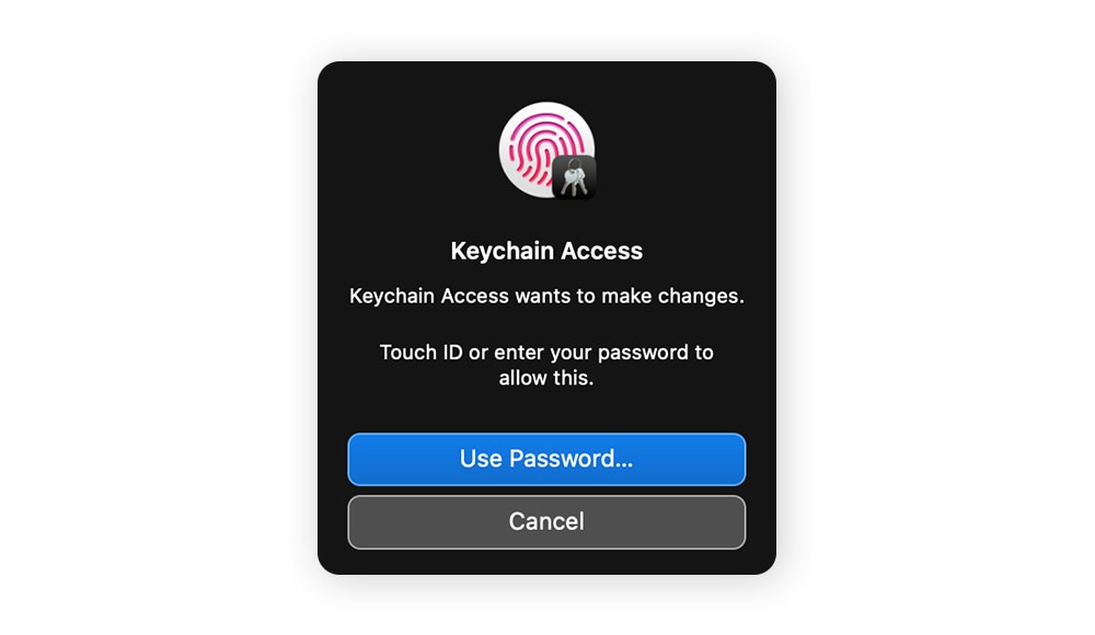 Utilisez Touch ID pour vérifier votre identité et révéler la clé réseau, ou cliquez sur Utiliser le mot de passe.