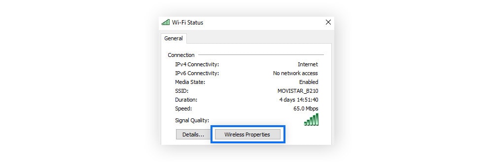 Cliquez sur Propriétés sans fil pour accéder à la boîte de dialogue contenant votre clé de sécurité pour le Wi-Fi