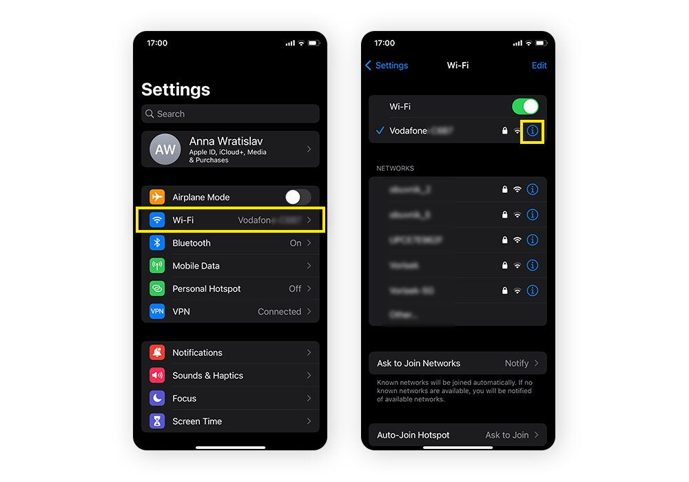 Appuyez sur Wi-Fi, puis sur l'icône info en regard du nom du réseau Wi-Fi auquel vous êtes