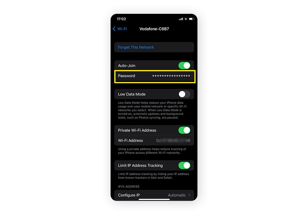 Appuyez sur Mot de passe pour révéler la clé de sécurité Wi-Fi