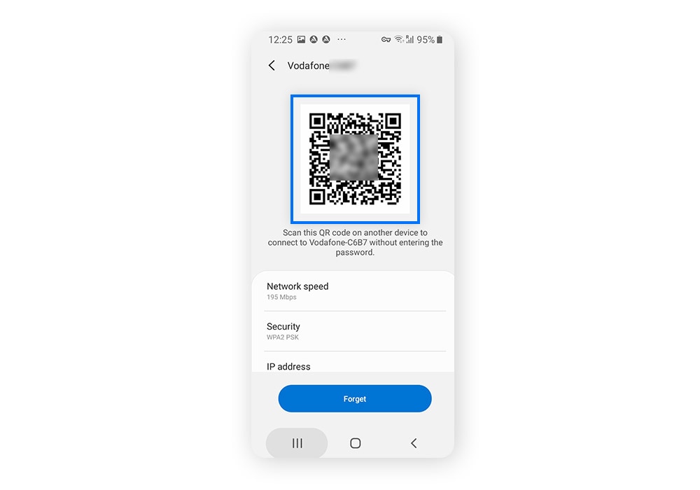 Écran de détails du réseau Wi-Fi Android affichant un code QR pour le réseau actuellement connecté.