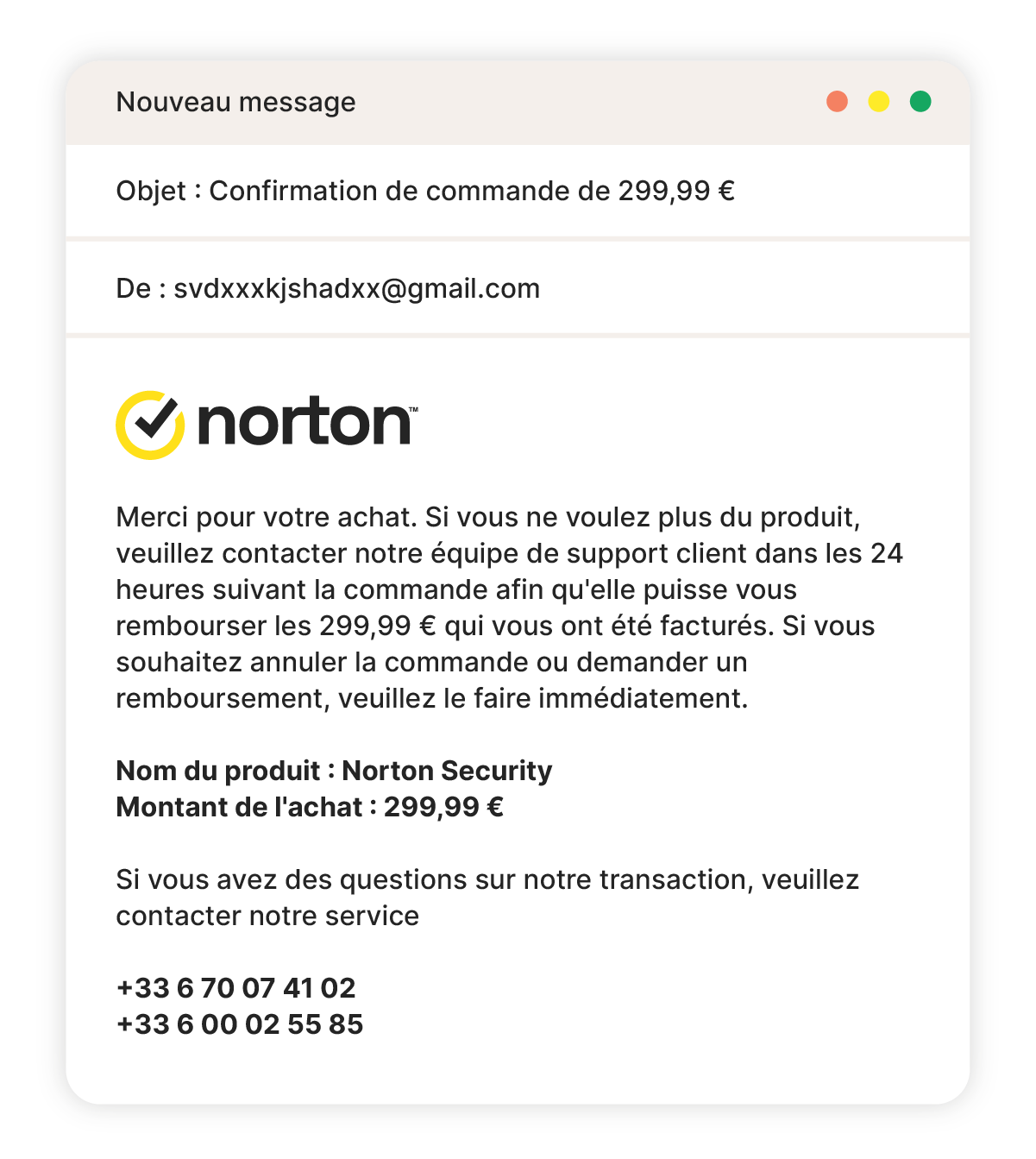 Un exemple d'escroquerie au paiement par e-mail de Norton.