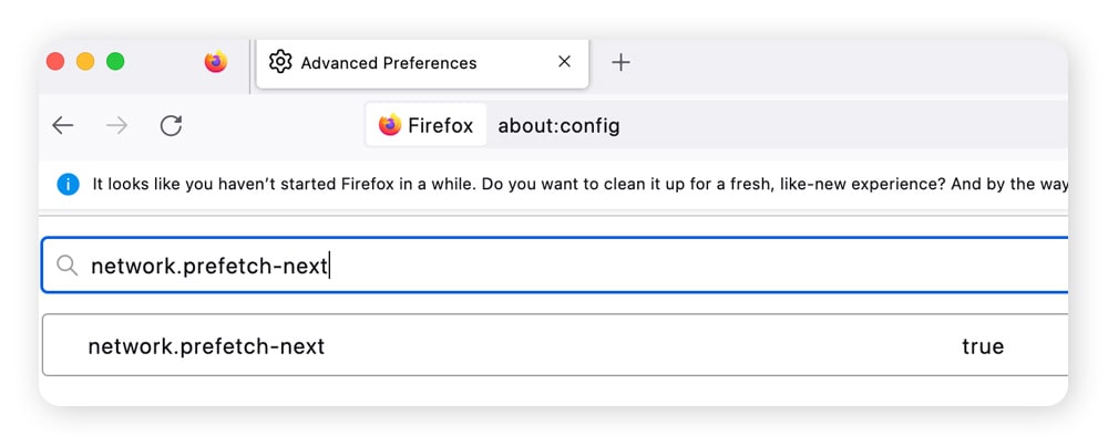 Paramètres de préchargement dans le navigateur Firefox.