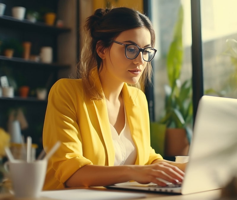 Une jeune femme assise devant un ordinateur portable, lisant un article sur les virus informatiques